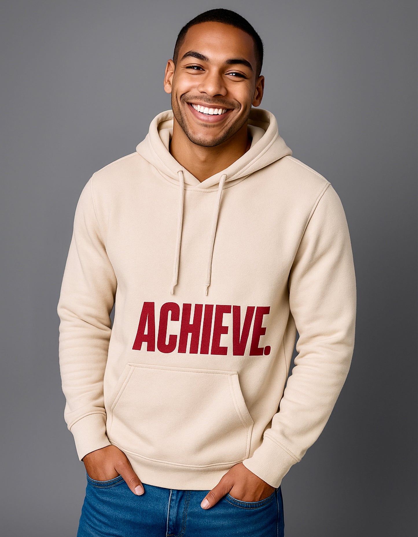 ACHIEVE. — Premium Hoodie (Ivory × Crimson) - Pre ORDER